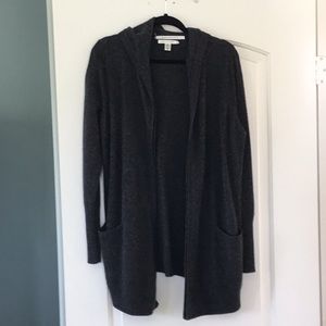 Grey, dark, cashmere, hooded, midthigh cardi